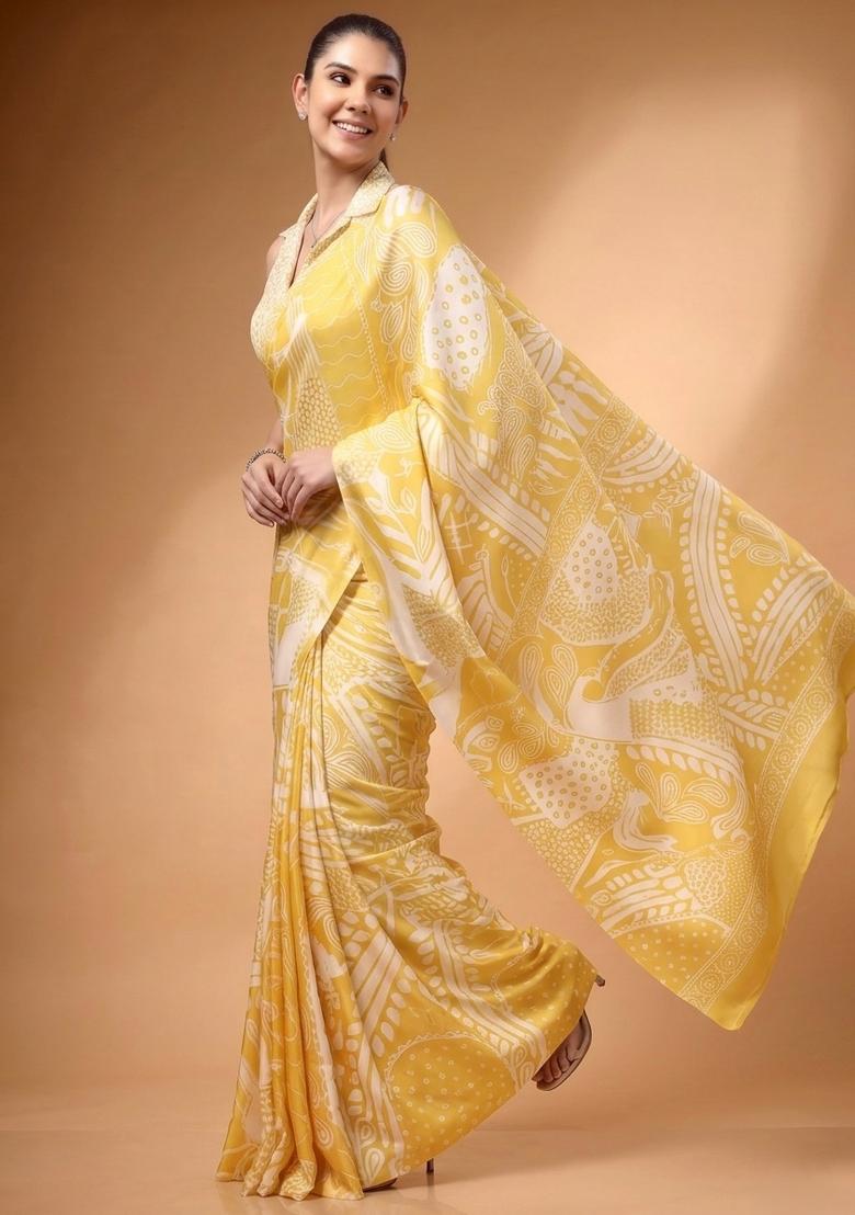 Yellow Printed Silk Saree Set - Indya