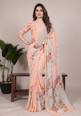 Peach Printed Georgette Saree Set