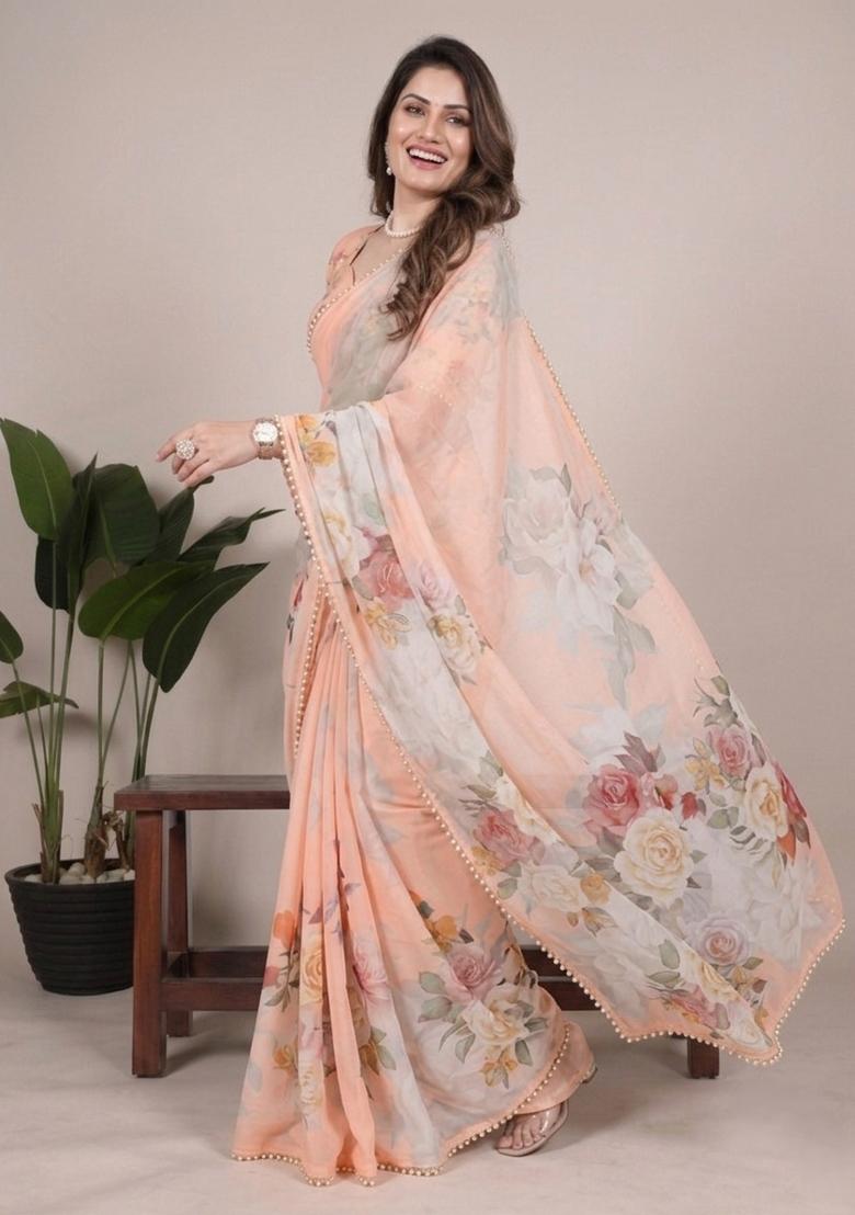 Peach Printed Georgette Saree Set - Indya