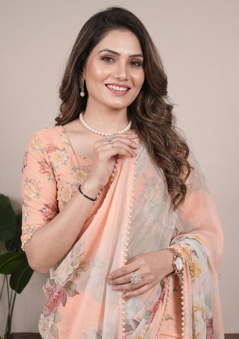 Peach Printed Georgette Saree Set - Indya