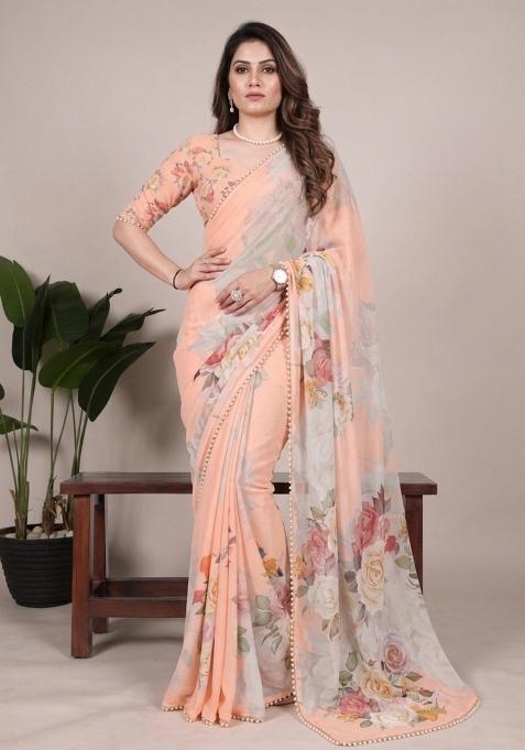 Peach Printed Georgette Saree Set