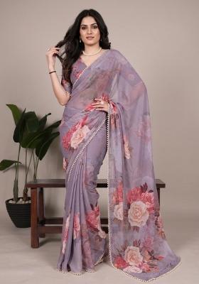 Grey Printed Georgette Saree Set