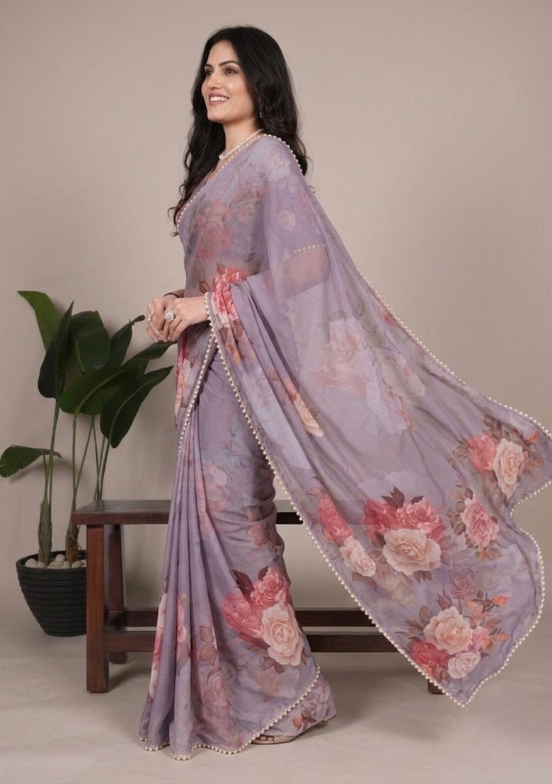 Grey Printed Georgette Saree Set - Indya