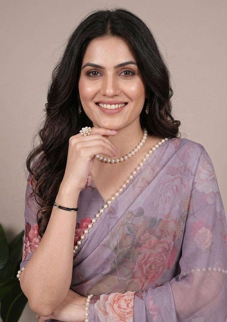 Grey Printed Georgette Saree Set - Indya