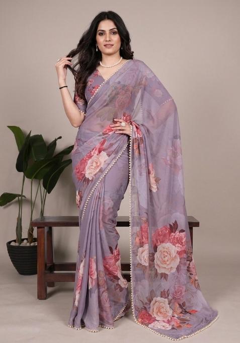 Grey Printed Georgette Saree Set