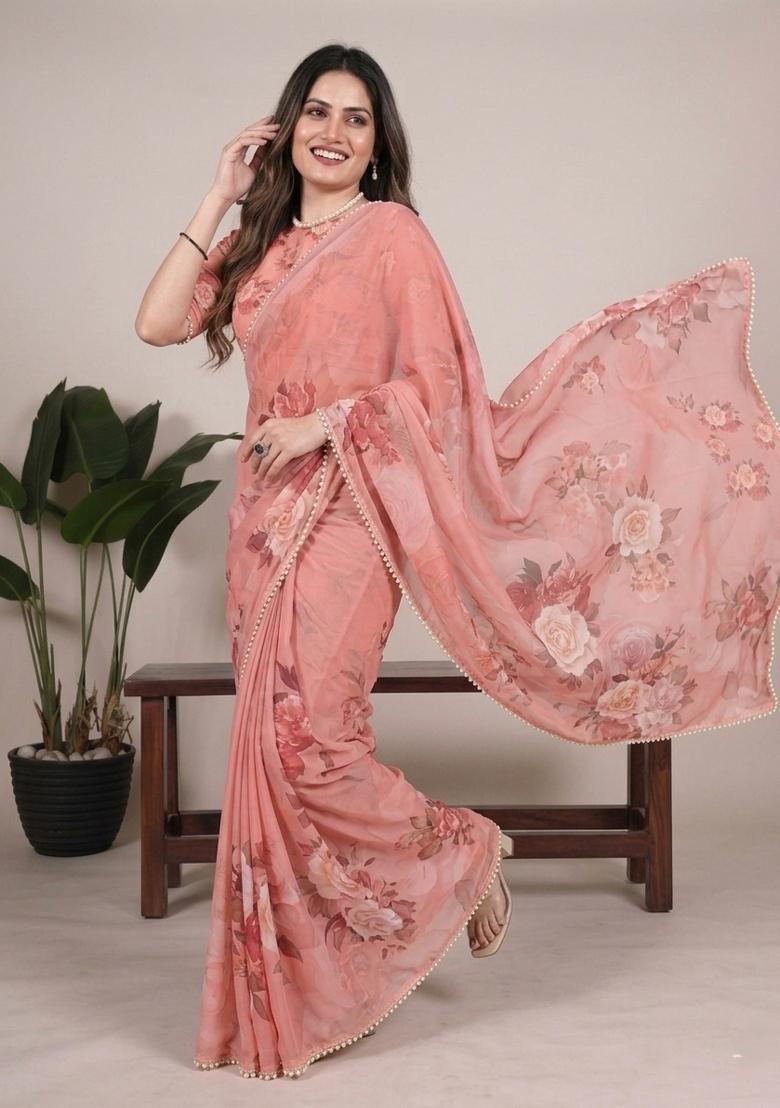 Light Pink Printed Georgette Saree Set - Indya