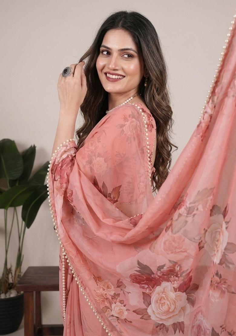 Light Pink Printed Georgette Saree Set - Indya
