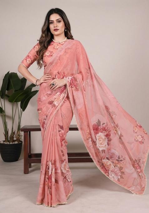 Light Pink Printed Georgette Saree Set