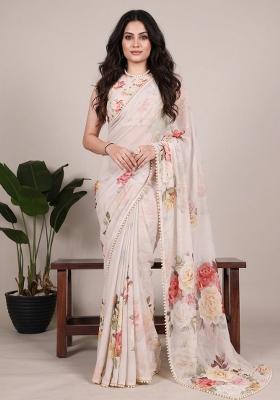 Off White Printed Georgette Saree Set