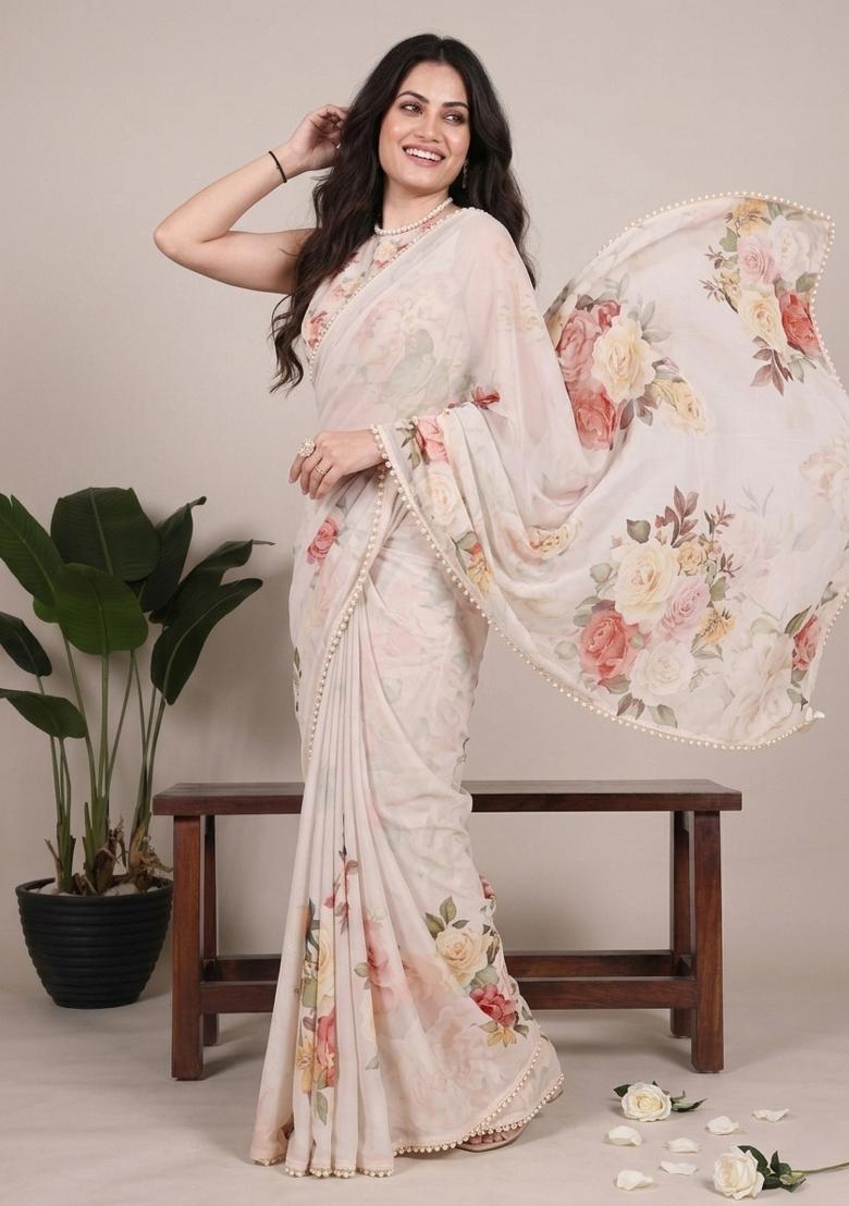 Off White Printed Georgette Saree Set - Indya