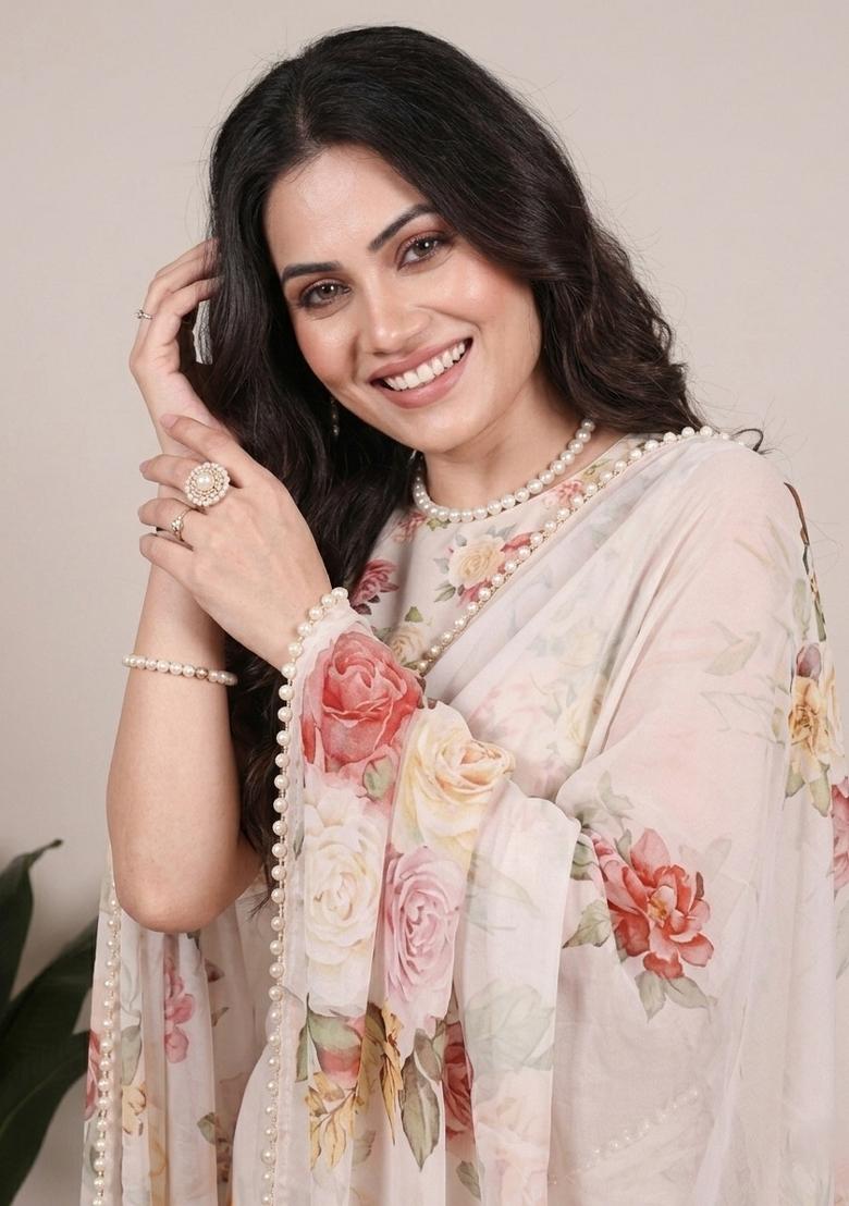 Off White Printed Georgette Saree Set - Indya