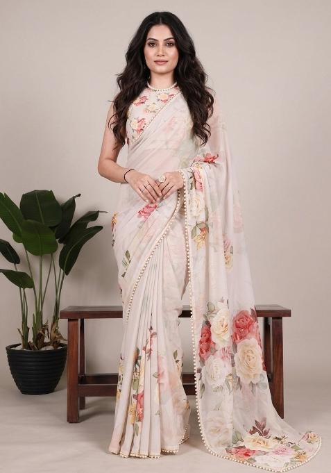 Off White Printed Georgette Saree Set