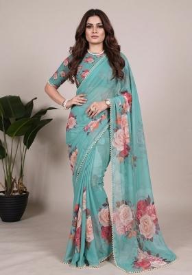 Sea Green Printed Georgette Saree Set