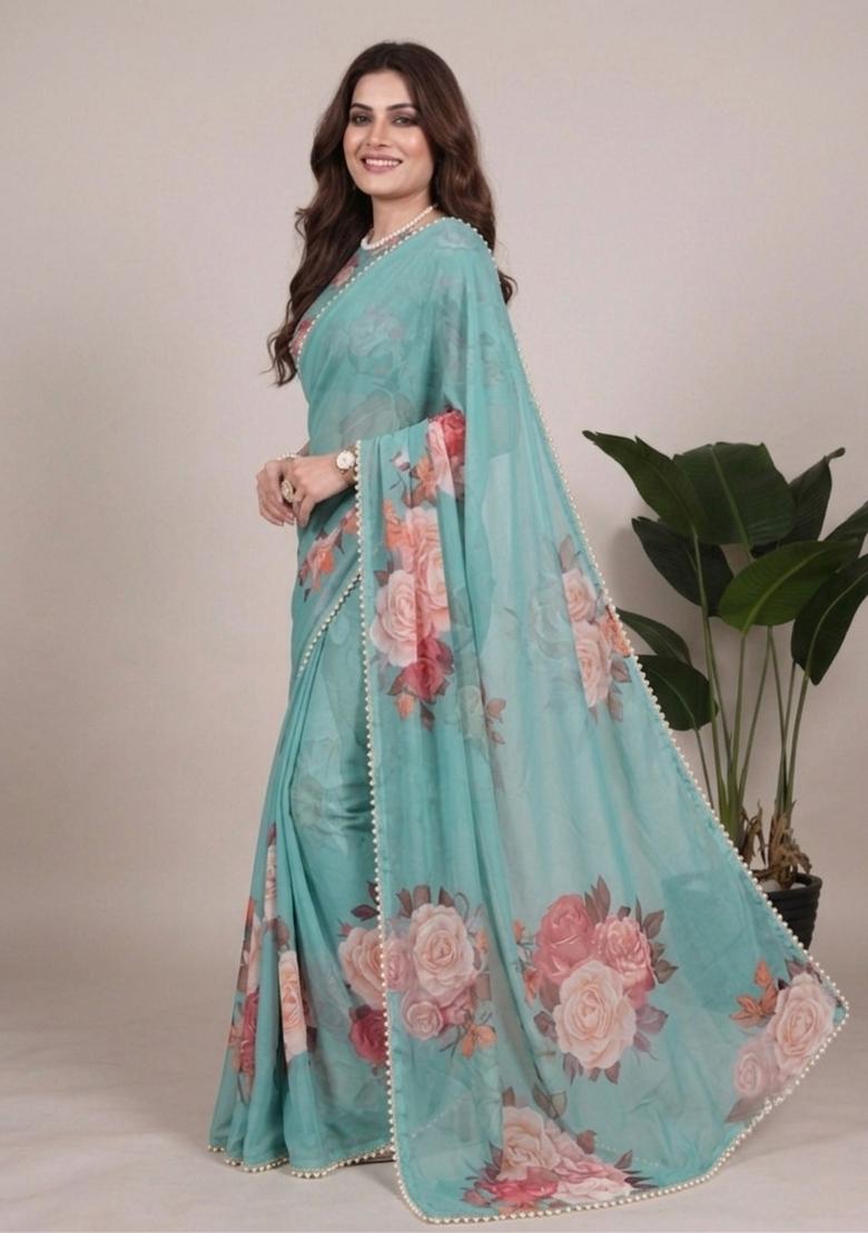 Sea Green Printed Georgette Saree Set - Indya