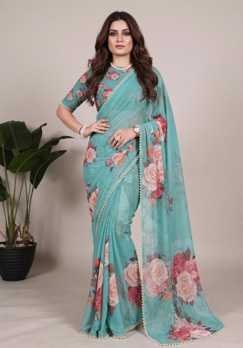 Sea Green Printed Georgette Saree Set