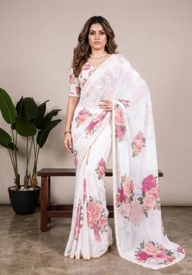 White Printed Georgette Saree Set