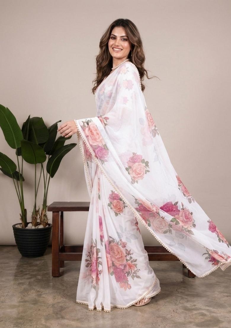 White Printed Georgette Saree Set - Indya