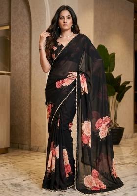 Black Printed Georgette Saree Set