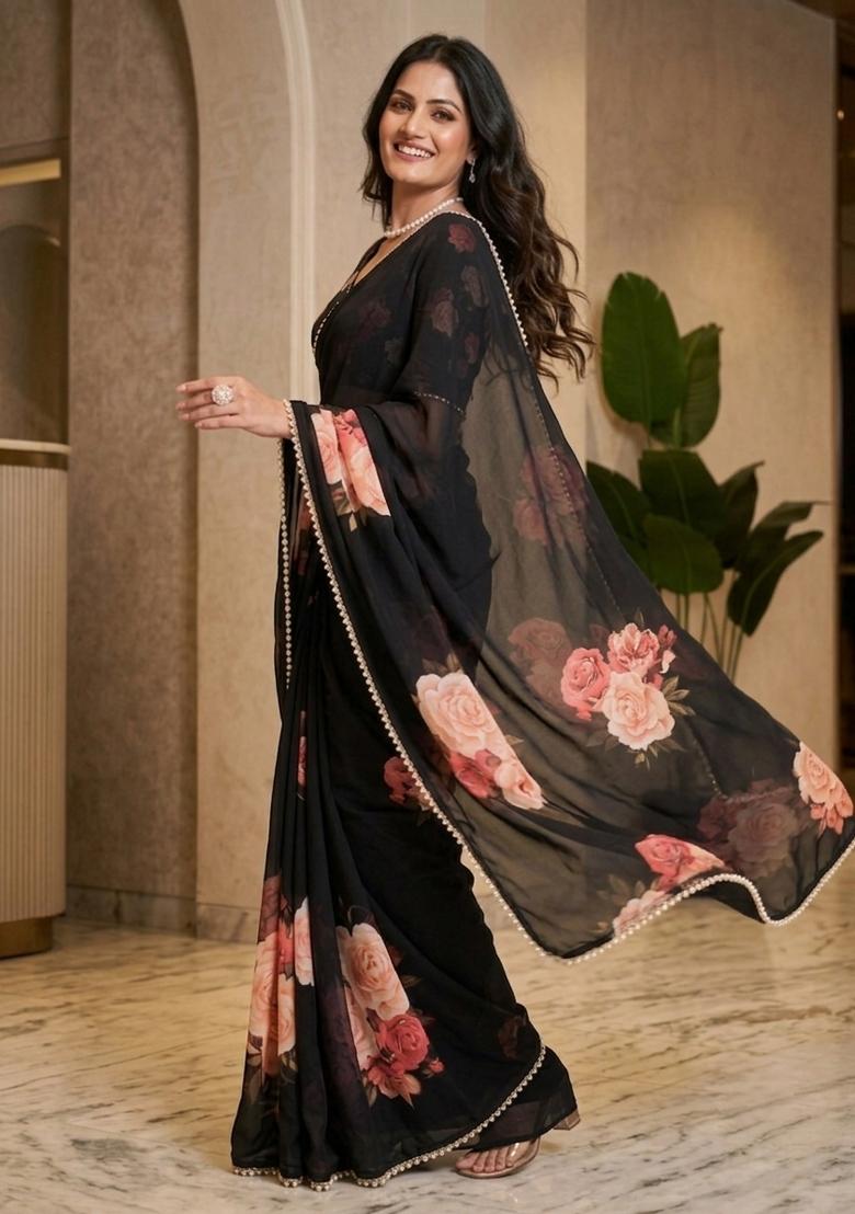 Black Printed Georgette Saree Set - Indya