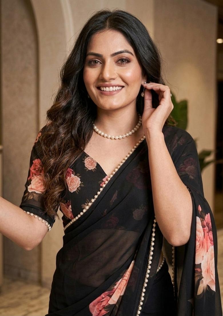 Black Printed Georgette Saree Set - Indya
