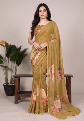Brown Printed Georgette Saree Set
