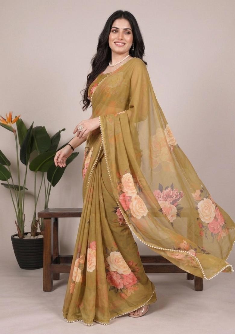 Brown Printed Georgette Saree Set - Indya
