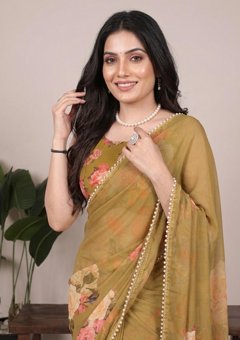 Brown Printed Georgette Saree Set - Indya