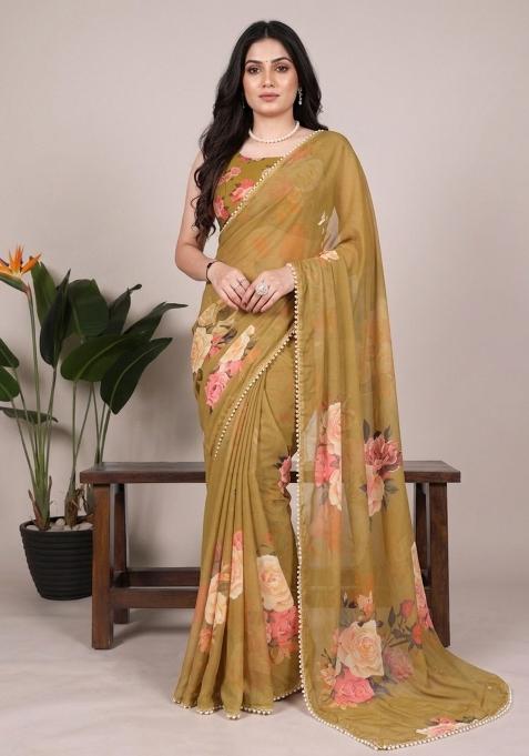 Brown Printed Georgette Saree Set