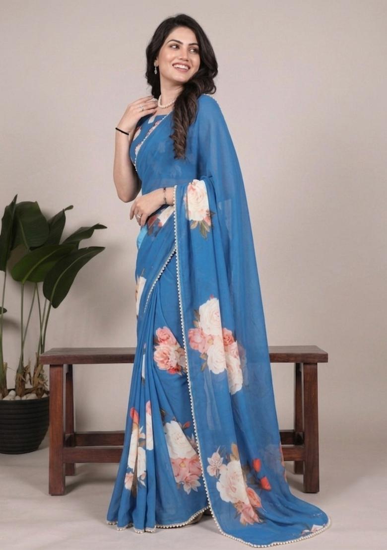 Firozi Printed Georgette Saree Set - Indya
