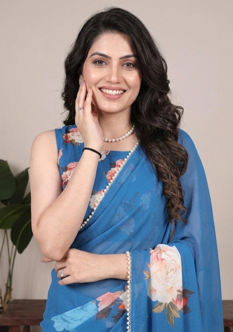 Firozi Printed Georgette Saree Set - Indya