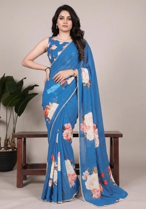 Firozi Printed Georgette Saree Set