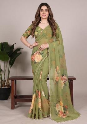 Mehendi Green Printed Georgette Saree Set