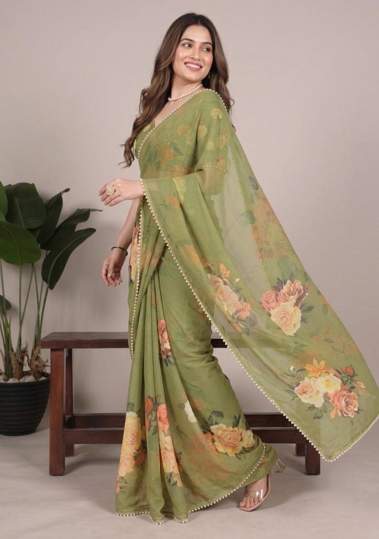 Mehendi Green Printed Georgette Saree Set - Indya