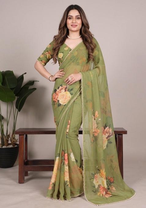 Mehendi Green Printed Georgette Saree Set