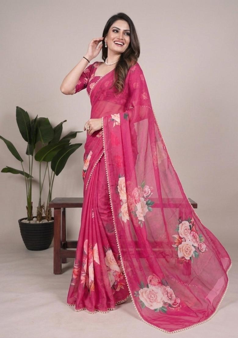 Pink Printed Georgette Saree Set - Indya