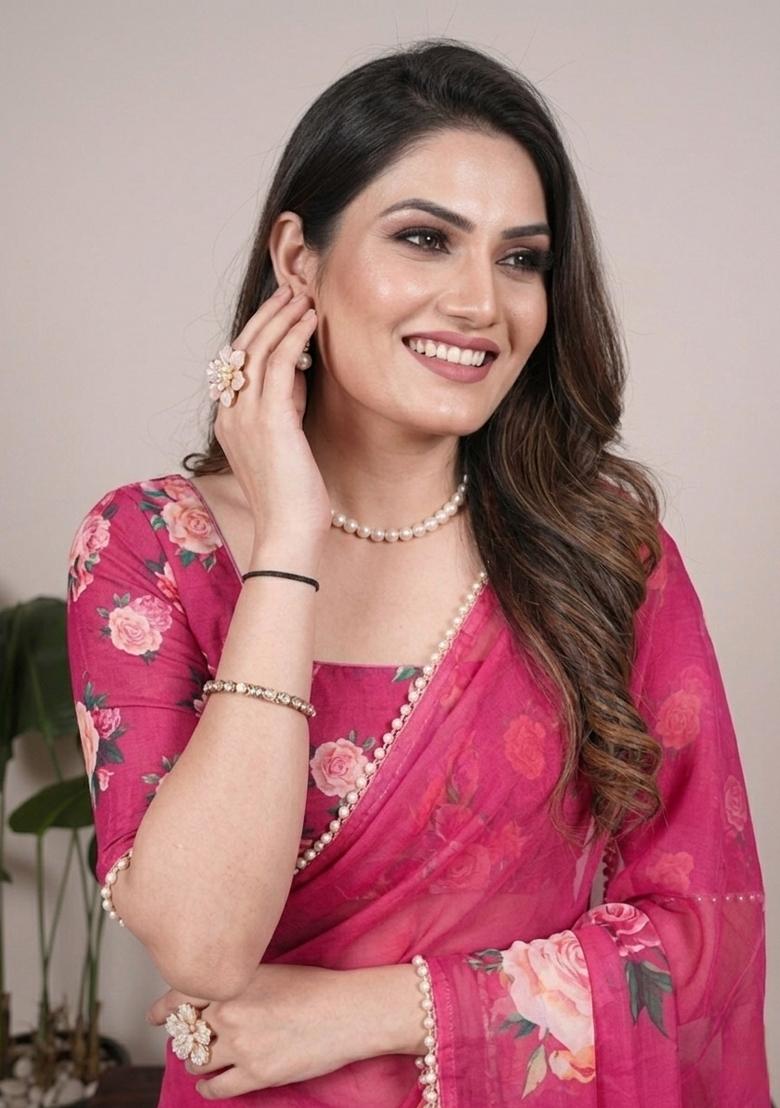Pink Printed Georgette Saree Set - Indya