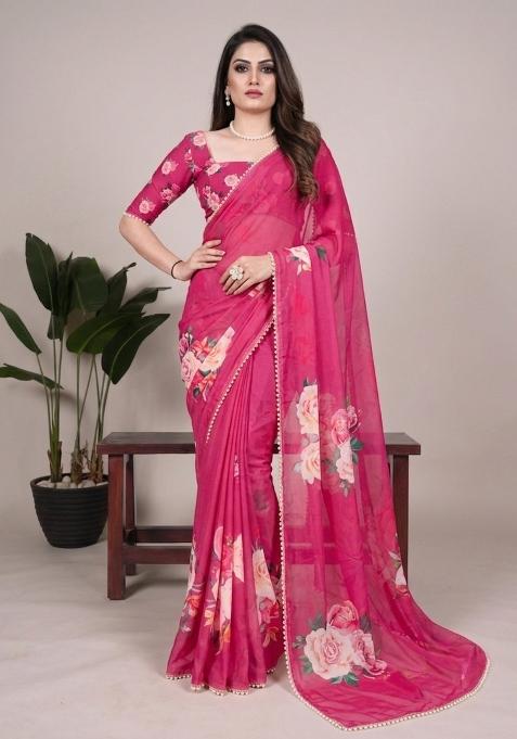 Pink Printed Georgette Saree Set