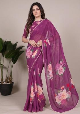 Purple Printed Georgette Saree Set