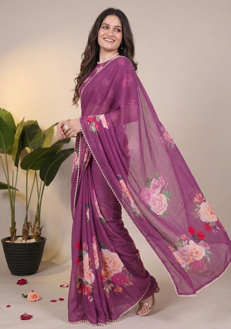 Purple Printed Georgette Saree Set - Indya
