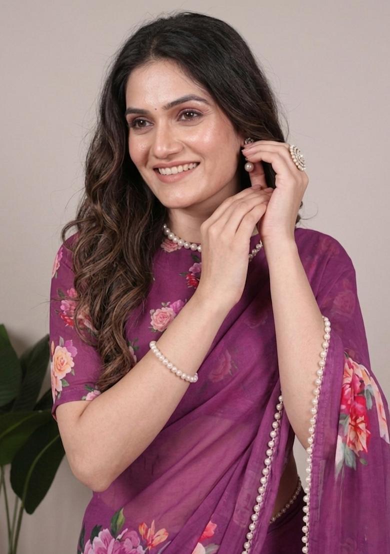 Purple Printed Georgette Saree Set - Indya