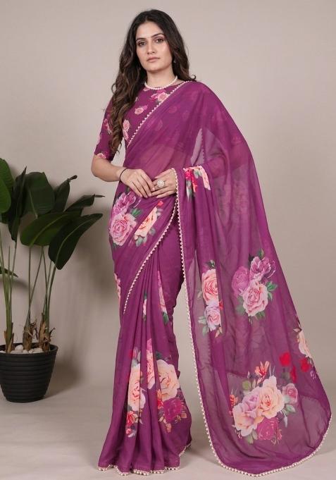 Purple Printed Georgette Saree Set