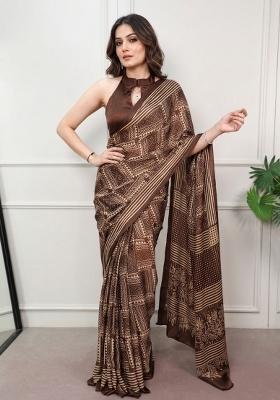 Brown Printed Silk Saree Set