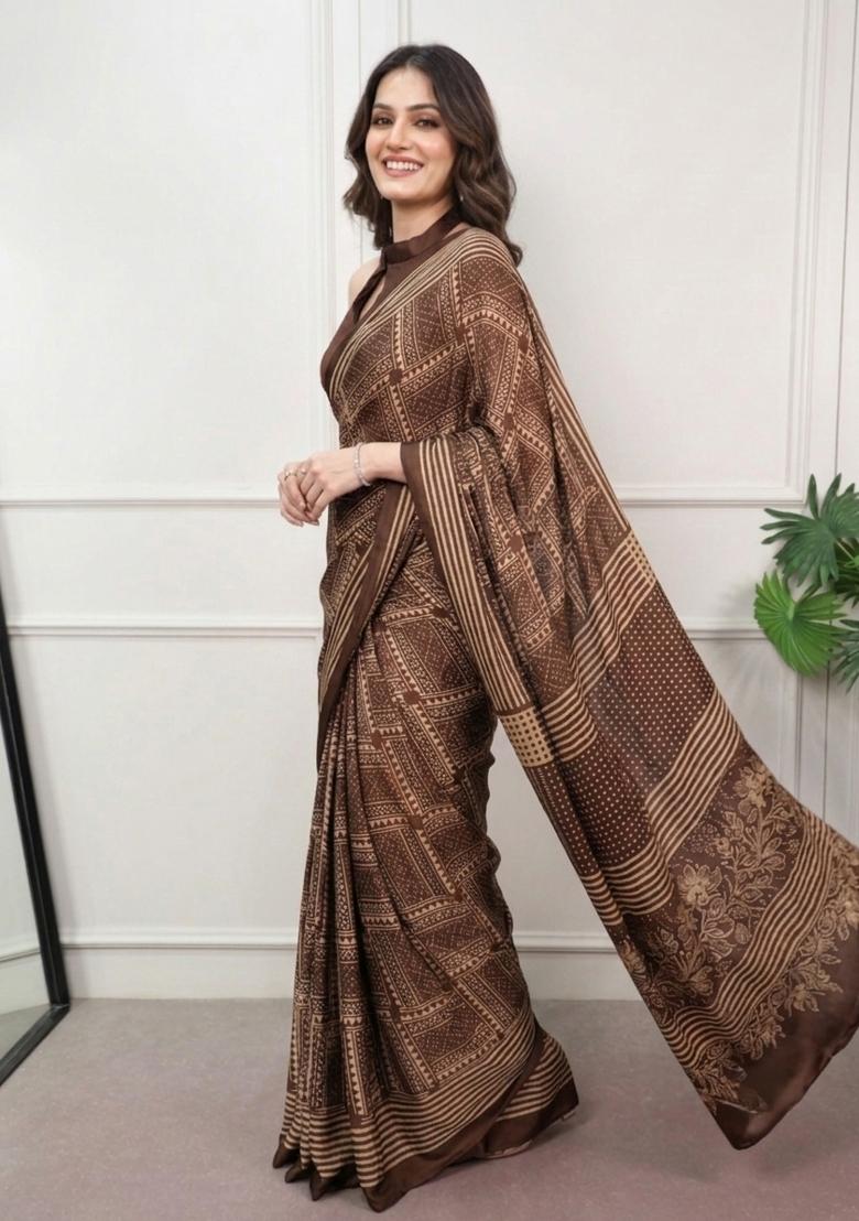 Brown Printed Silk Saree Set - Indya