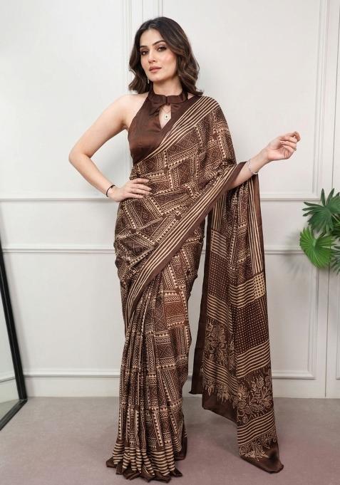 Brown Printed Silk Saree Set