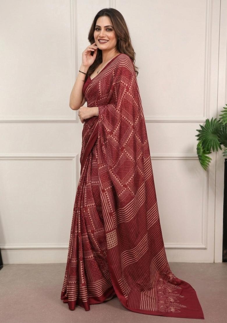 Maroon Printed Silk Saree Set - Indya