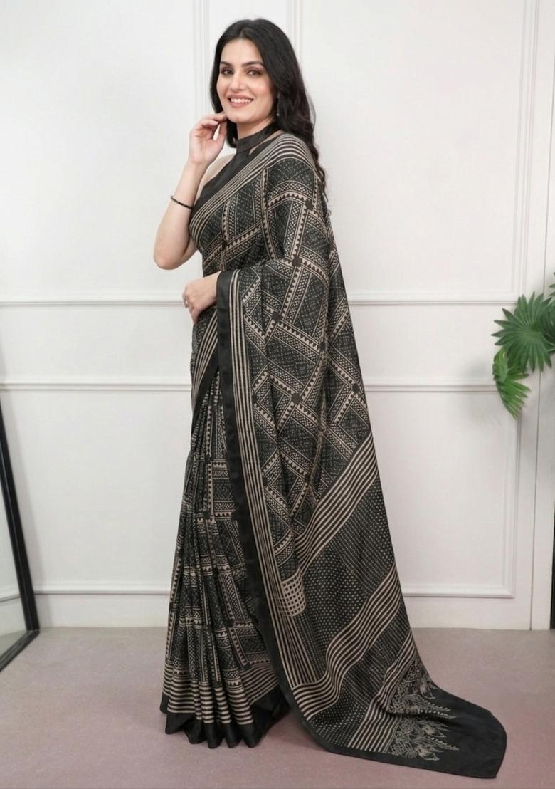 Black Printed Silk Saree Set - Indya