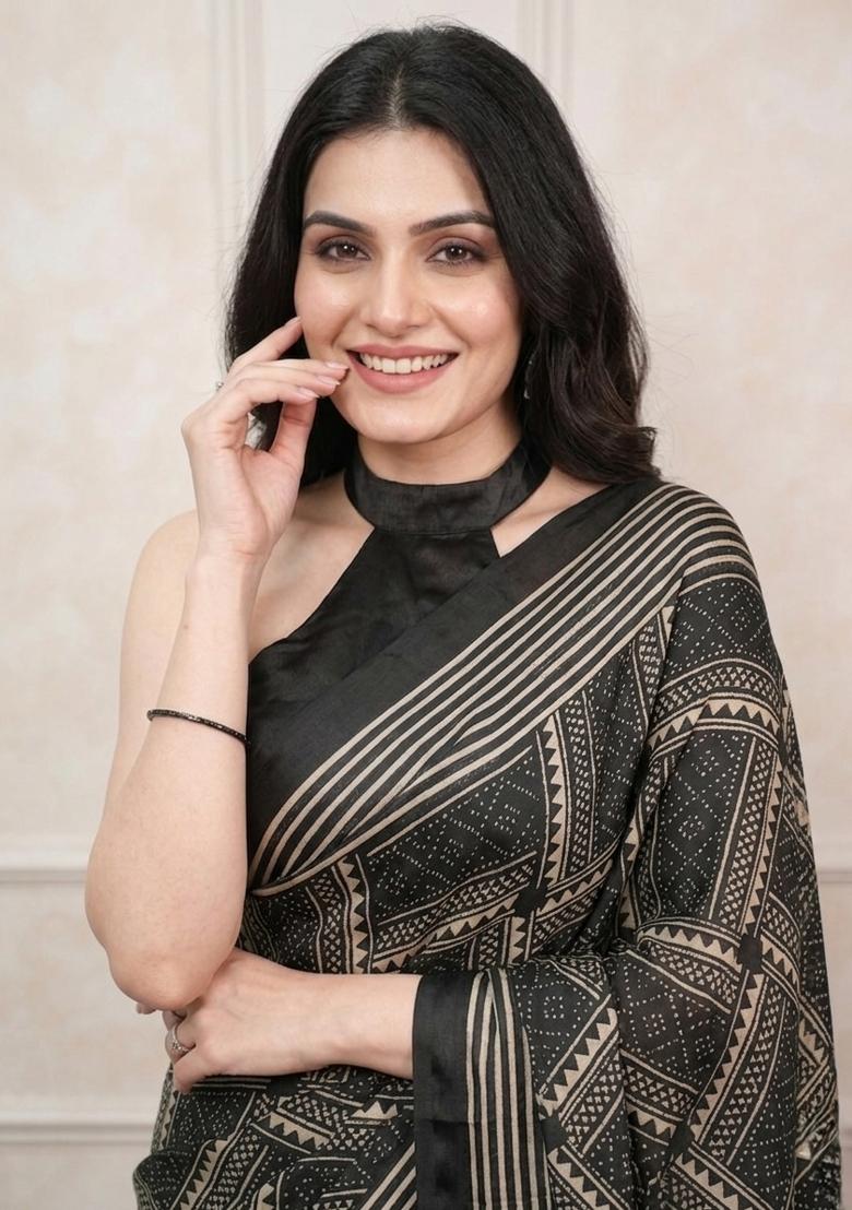 Black Printed Silk Saree Set - Indya