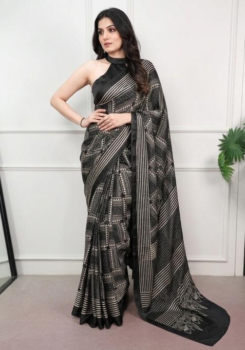 Black Printed Silk Saree Set