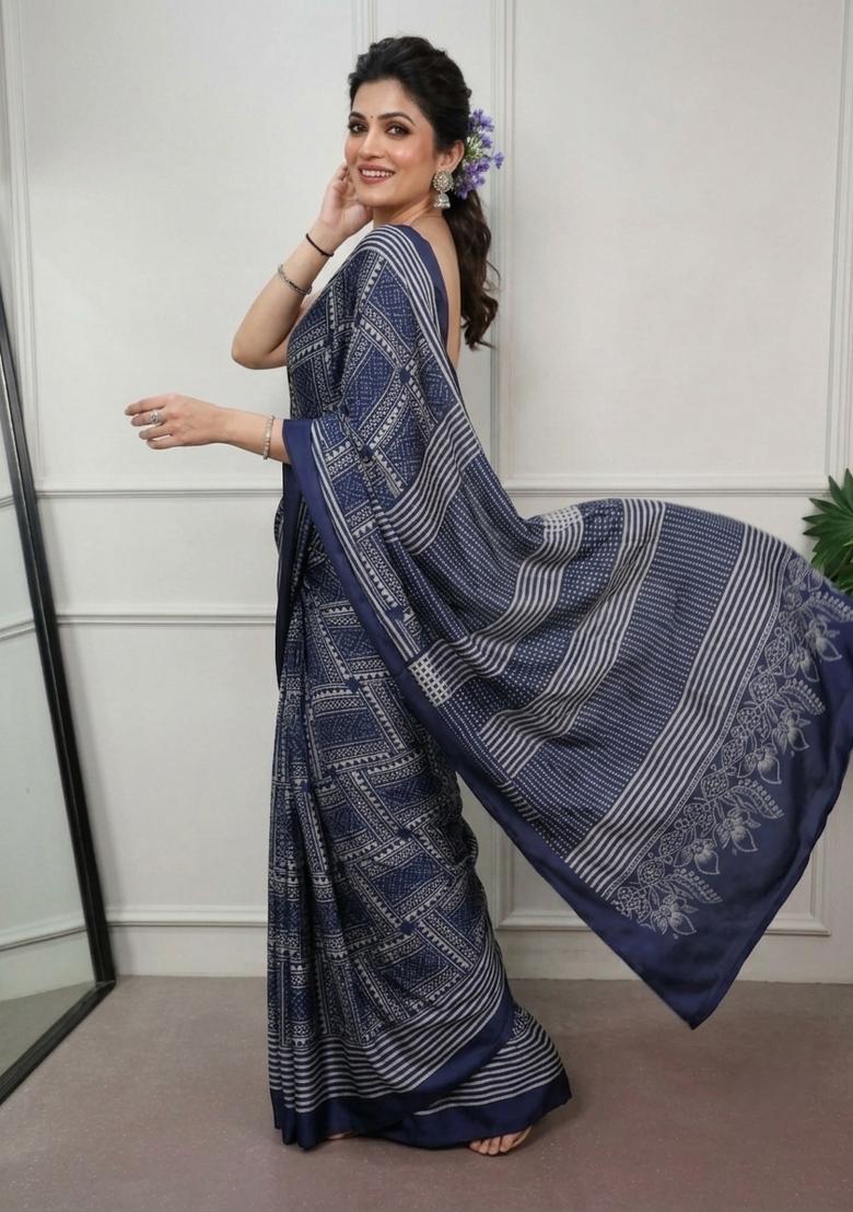Navy Blue Printed Silk Saree Set - Indya