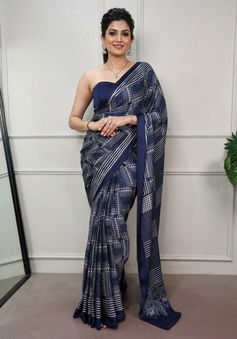 Navy Blue Printed Silk Saree Set